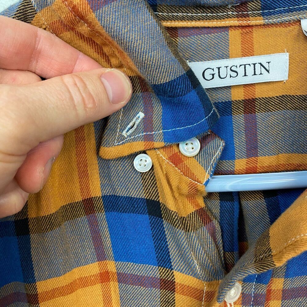 Gustin Shirt Mens L Orange Long Sleeve Button Flannel Plaid CL Missing Button - Picture 4 of 13
